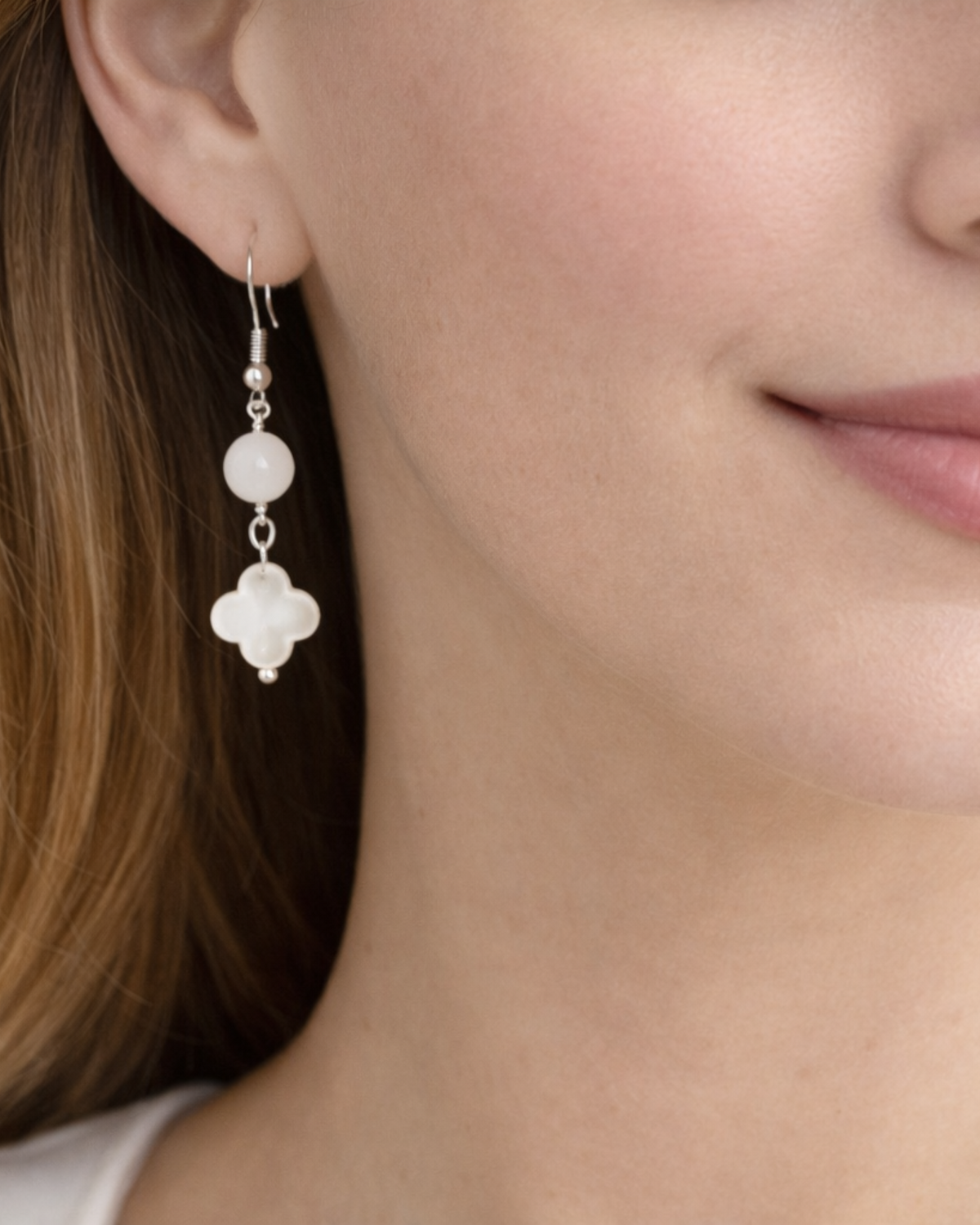 Amelia Jane Handmade Creations clover earrings featuring white mother of pearl and moonstone on s925 silver posts