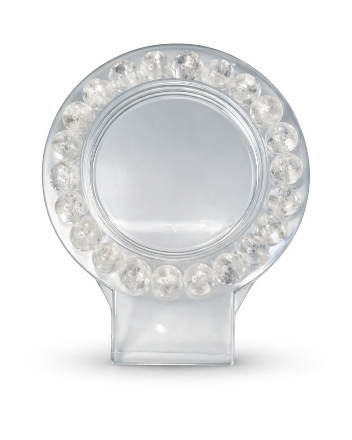 Amelia Jane Handmade Creations 7-inch clear crackle quartz beaded bracelet displayed on a circular stand