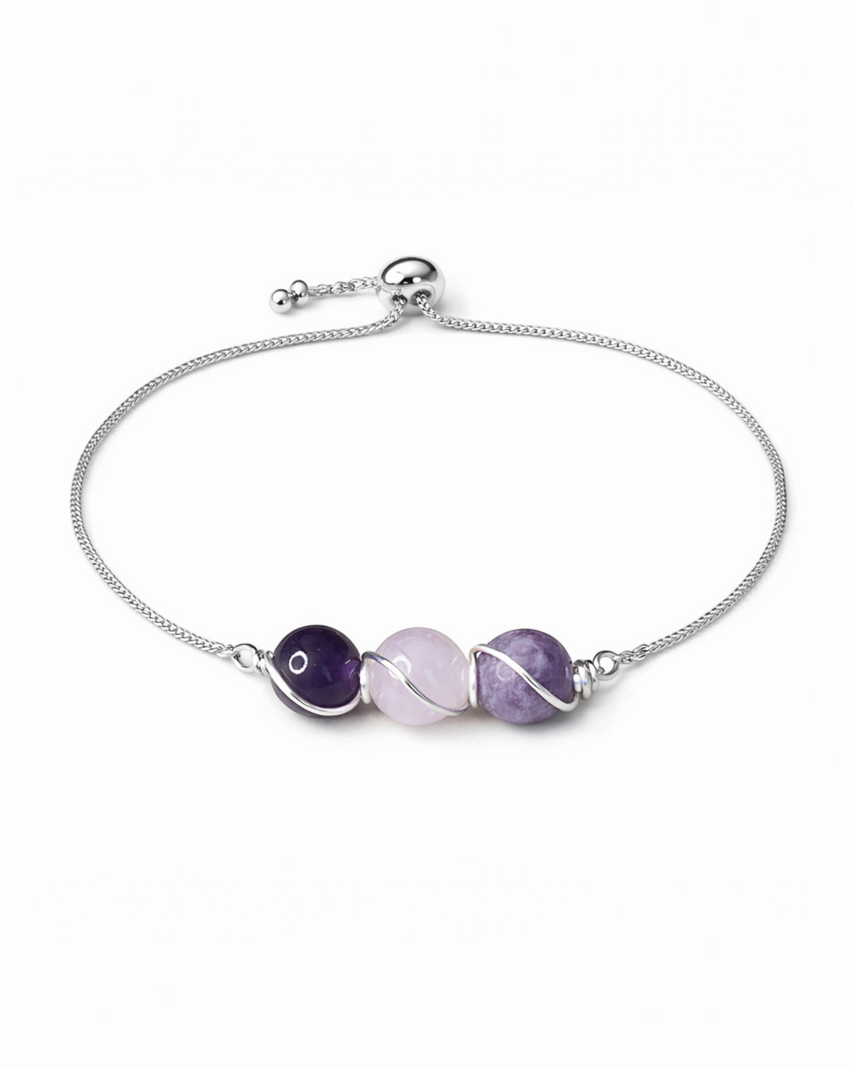 Amelia Jane Handmade Creations lariat bracelet featuring amethyst, rose quartz, and lepidolite beads on a silver chain.