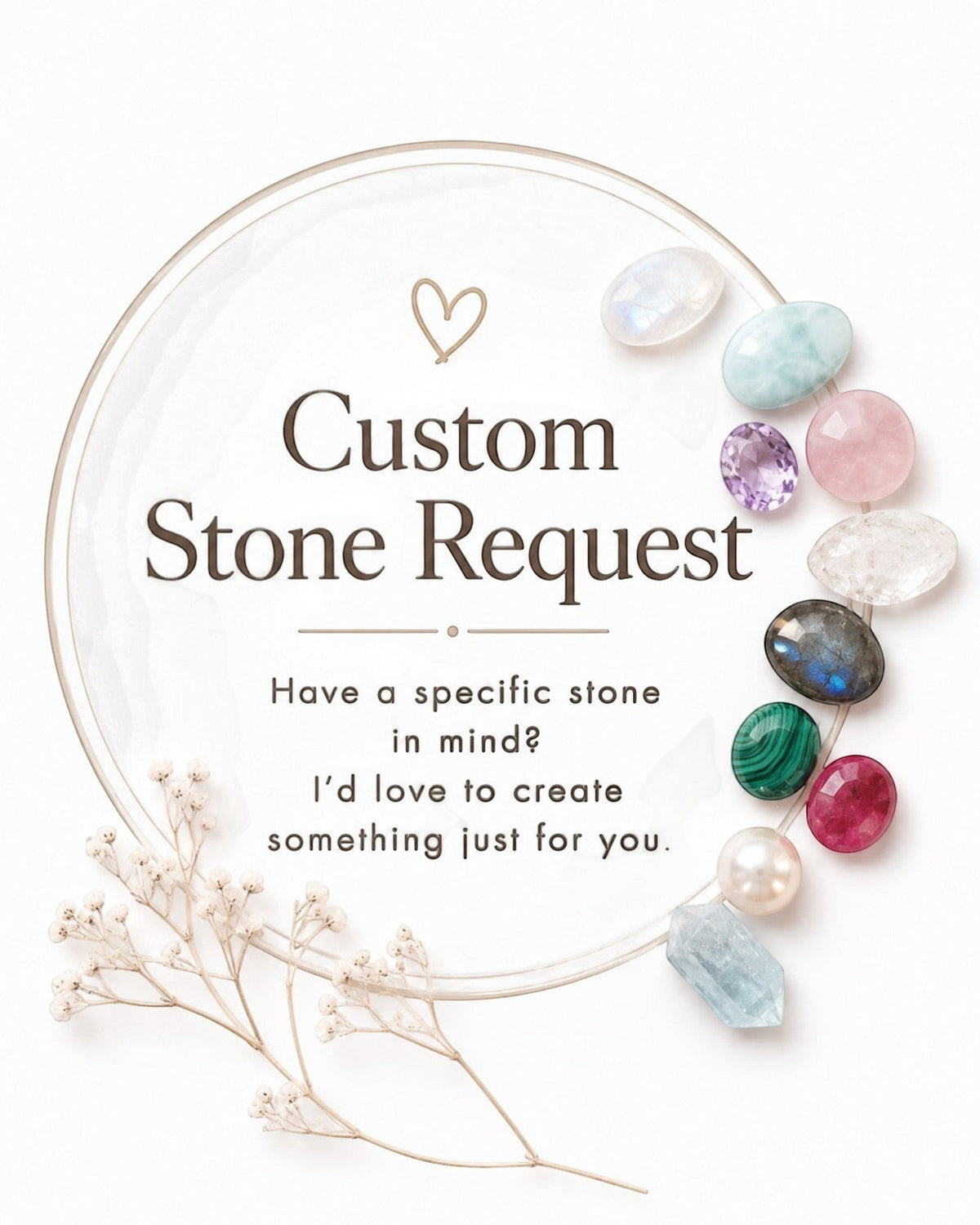 Amelia Jane Handmade Creations custom jewelry request featuring a variety of polished gemstones and crystals