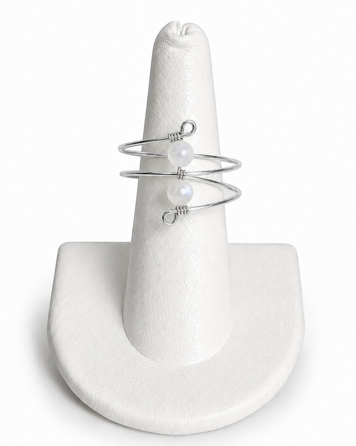 Amelia Jane Handmade Creations double bead wrap ring featuring two iridescent moonstone beads on silver wire