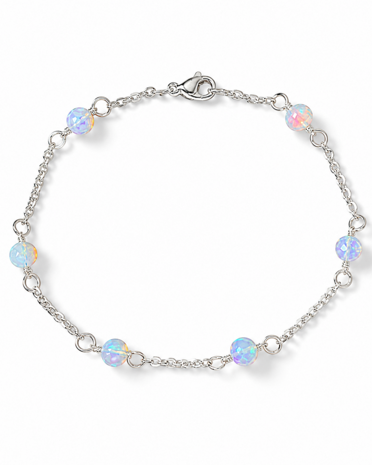 Amelia Jane Handmade Creations 7-inch silver plated stainless steel chain bracelet with iridescent Ethiopian opals.