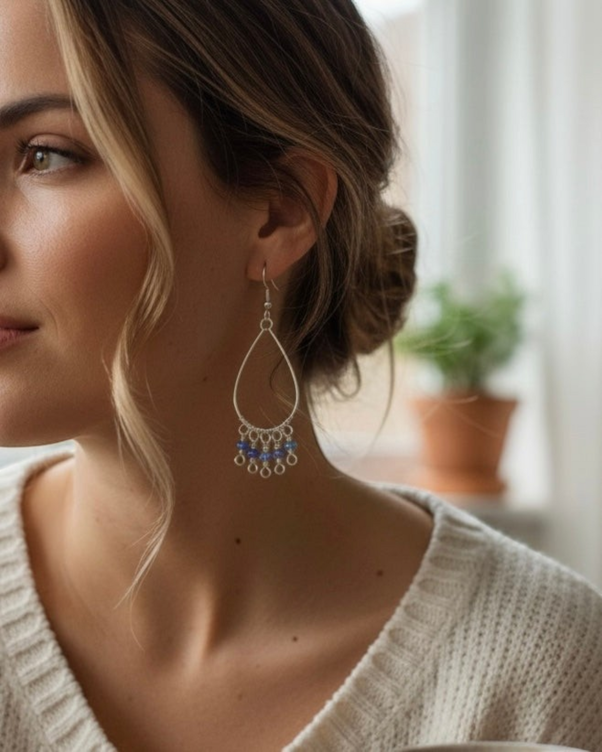 Amelia Jane Handmade Creations Ethiopian opal fringe earrings with S925 silver teardrop frames worn by a woman