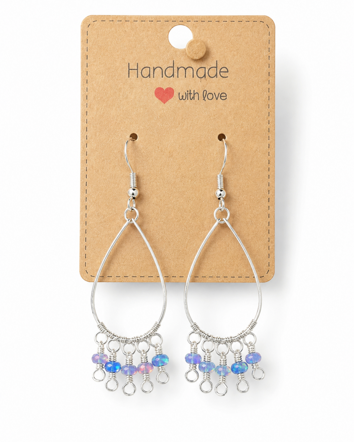 Amelia Jane Handmade Creations Ethiopian opal fringe earrings with S925 silver teardrop frames on a display card