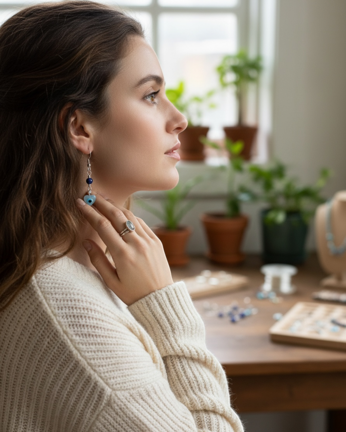 Amelia Jane Handmade Creations evil eye earrings with mother of pearl and lapis on S925 posts worn by a woman