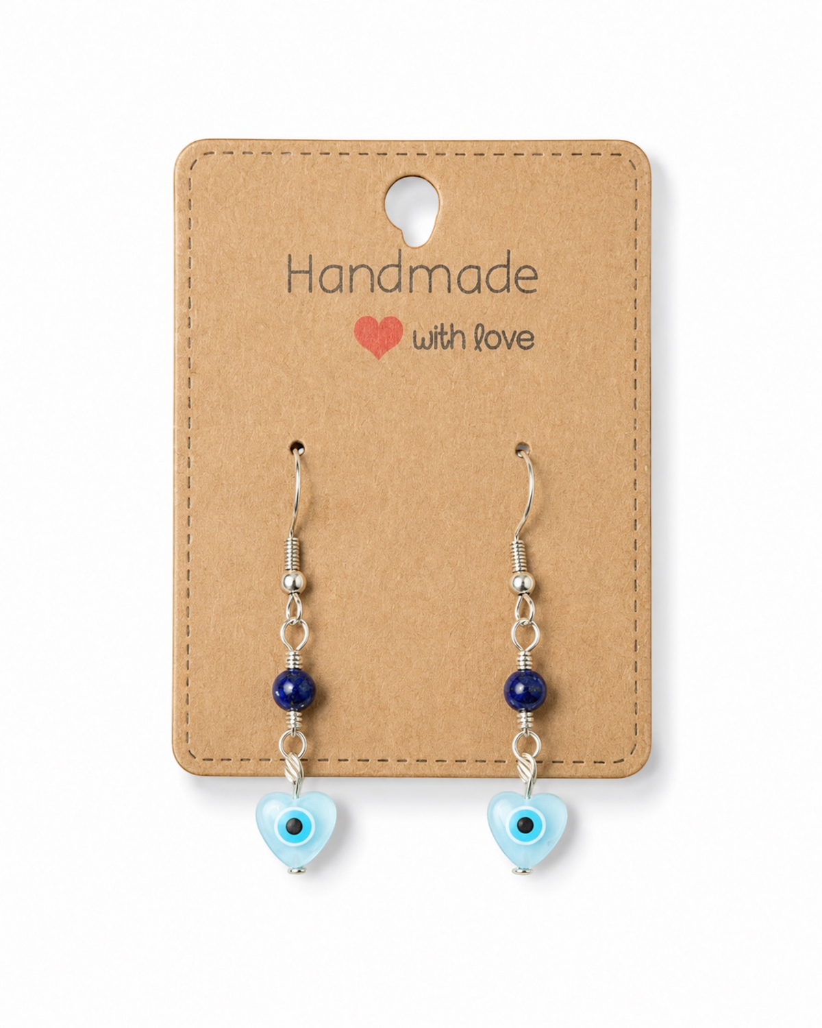 Amelia Jane Handmade Creations evil eye earrings with heart-shaped mother of pearl, lapis beads, and S925 silver posts