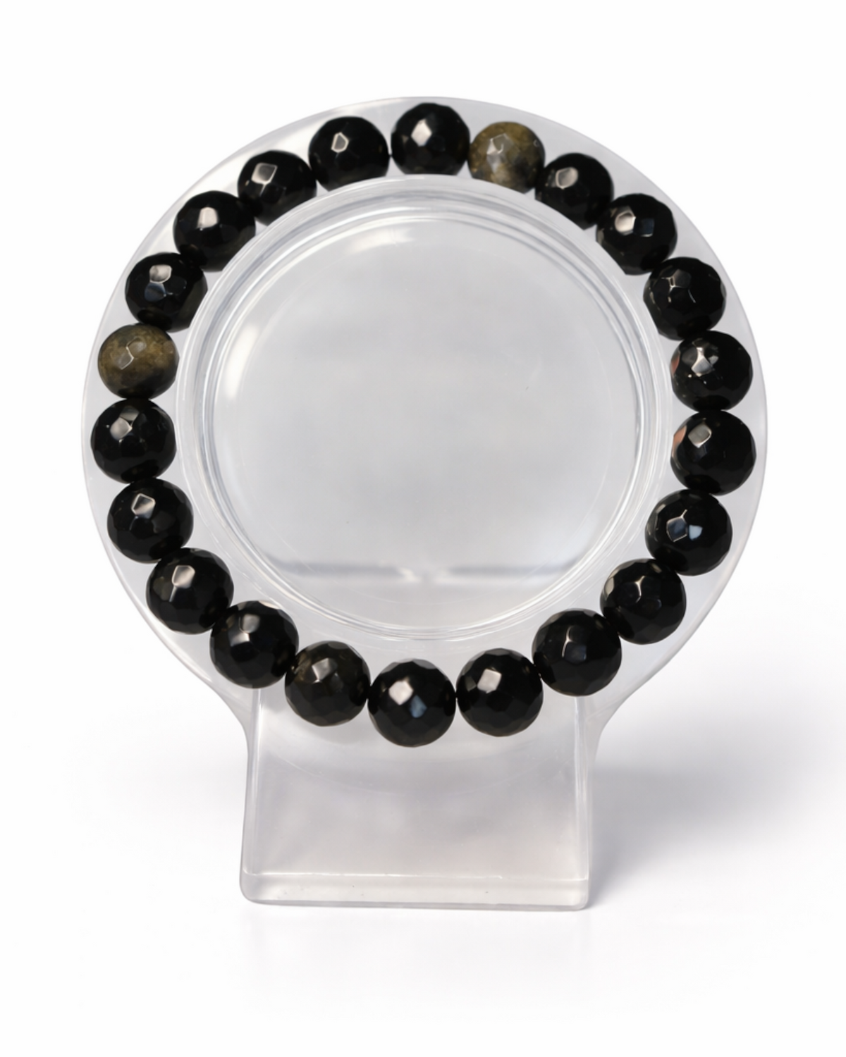 Amelia Jane Handmade Creations 7-inch faceted gold sheen obsidian beaded bracelet on a clear display stand.
