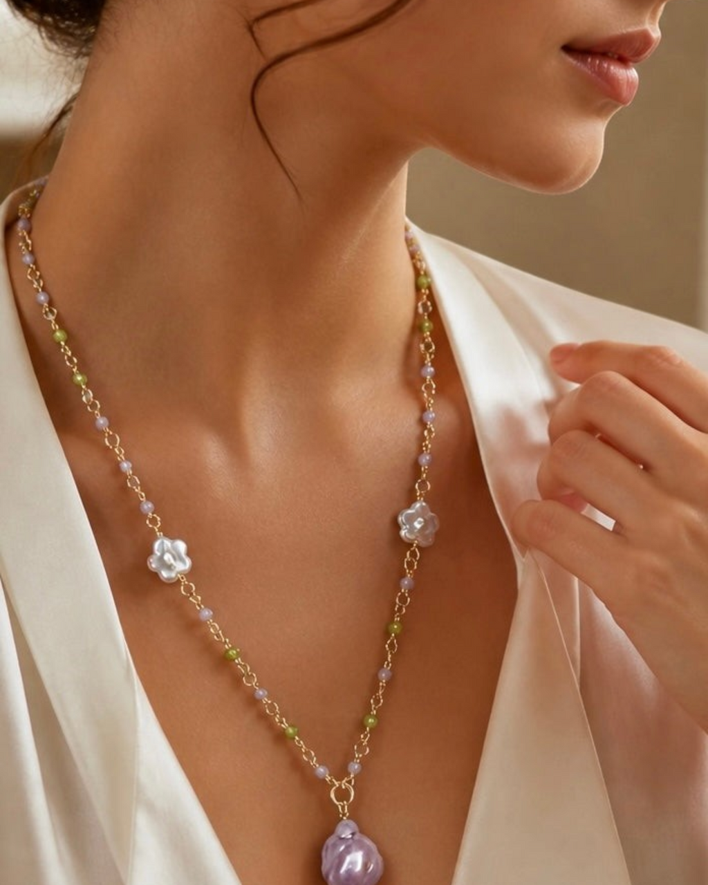 Amelia Jane Handmade Creations 18-inch Fairy Garden necklace with peridot, kunzite, and freshwater pearl flower charms