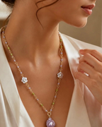 Amelia Jane Handmade Creations 18-inch Fairy Garden necklace with peridot, kunzite, and freshwater pearl flower charms