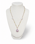 Amelia Jane Handmade Creations Fairy Garden necklace featuring peridot, Kunzite, and flower-shaped freshwater pearls.