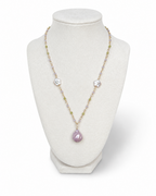 Amelia Jane Handmade Creations Fairy Garden necklace featuring peridot, Kunzite, and flower-shaped freshwater pearls.