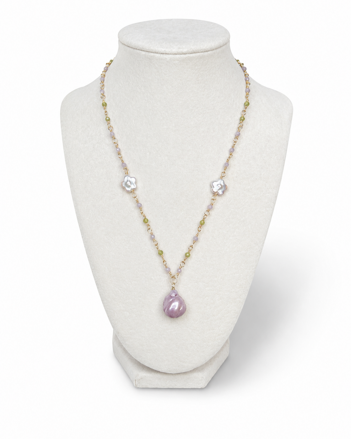Amelia Jane Handmade Creations Fairy Garden necklace featuring peridot, Kunzite, and flower-shaped freshwater pearls.