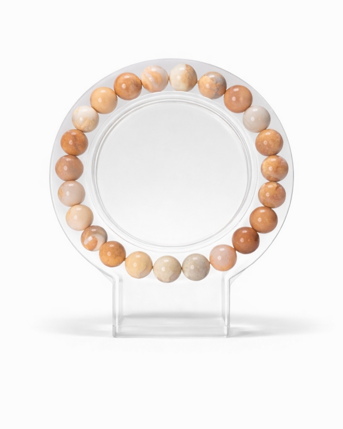 Amelia Jane Handmade Creations 7-inch flower agate beaded bracelet on a clear circular display stand