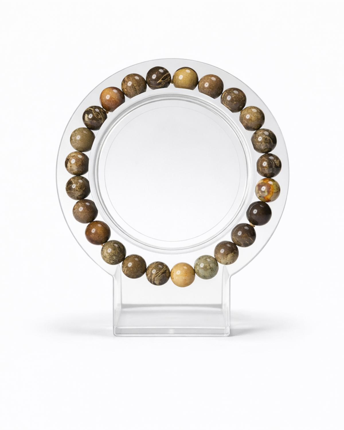 Amelia Jane Handmade Creations 7-inch flower agate beaded bracelet on a clear circular display stand.