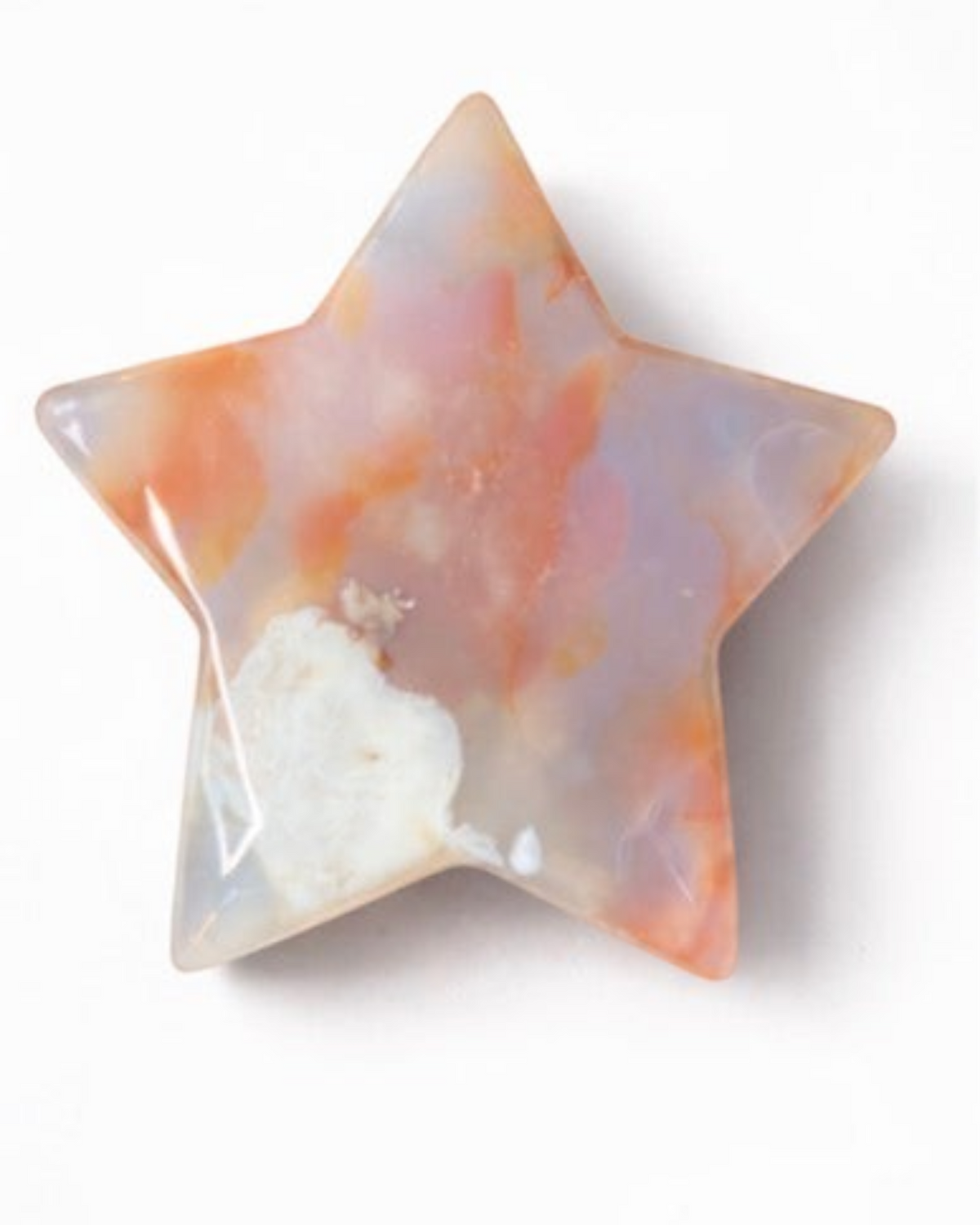 Amelia Jane Handmade Creations polished flower agate star in blush pink, peach, and cream with natural floral plumes.