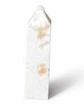 Amelia Jane Handmade Creations 4-inch polished flower agate tower with creamy white stone and peach druzy inclusions.
