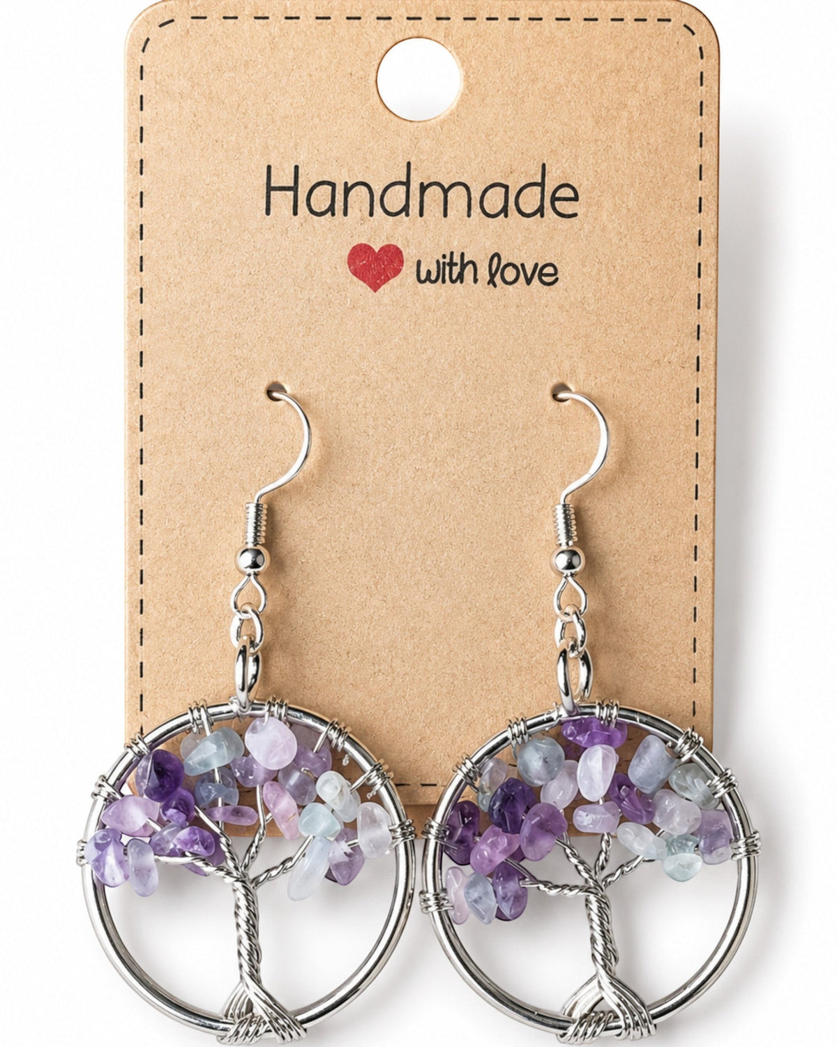 Amelia Jane Handmade Creations fluorite tree of life earrings with wire-wrapped purple and green gemstone chips