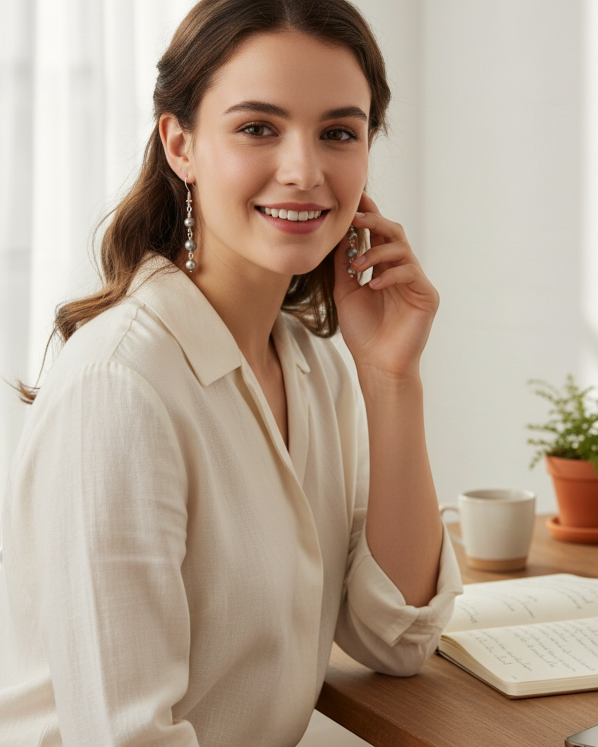 Amelia Jane Handmade Creations freshwater pearl dangle earrings with S925 posts worn by a smiling woman