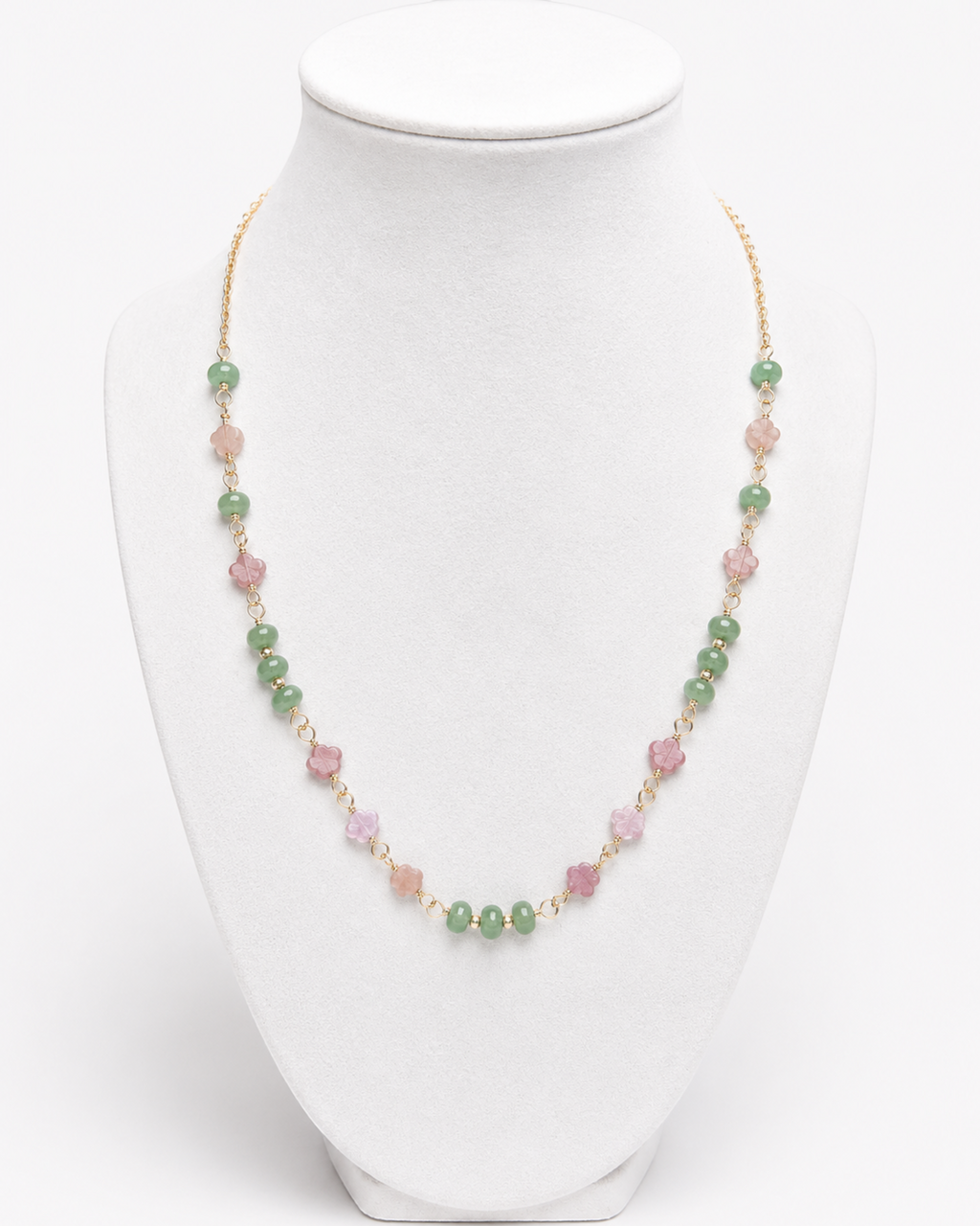 Amelia Jane Handmade Creations Garden Party necklace with green aventurine and pink rhodonite on a 14k gold filled chain