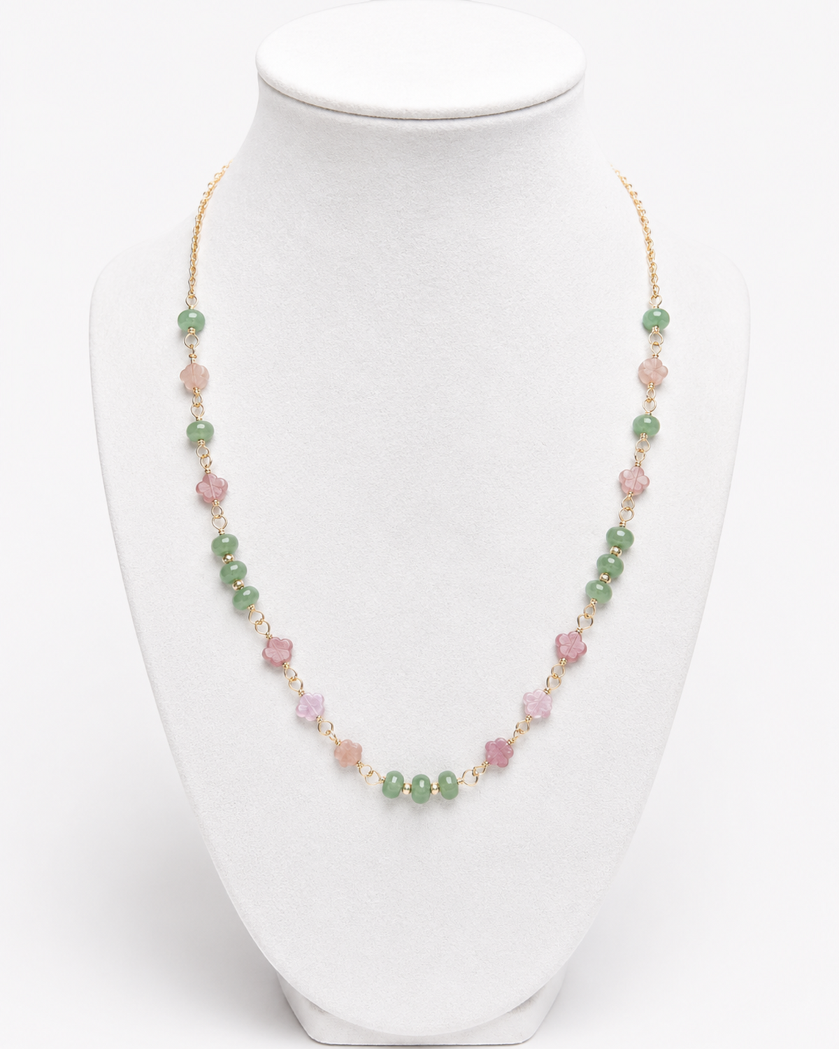 Amelia Jane Handmade Creations Garden Party necklace with green aventurine and pink rhodonite on a 14k gold filled chain