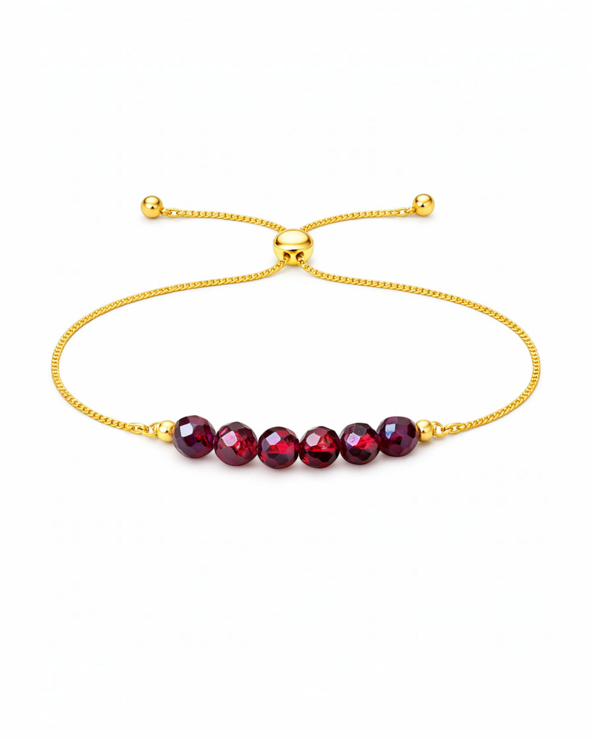 Amelia Jane Handmade Creations garnet lariat bracelet with faceted deep red beads on an adjustable gold chain