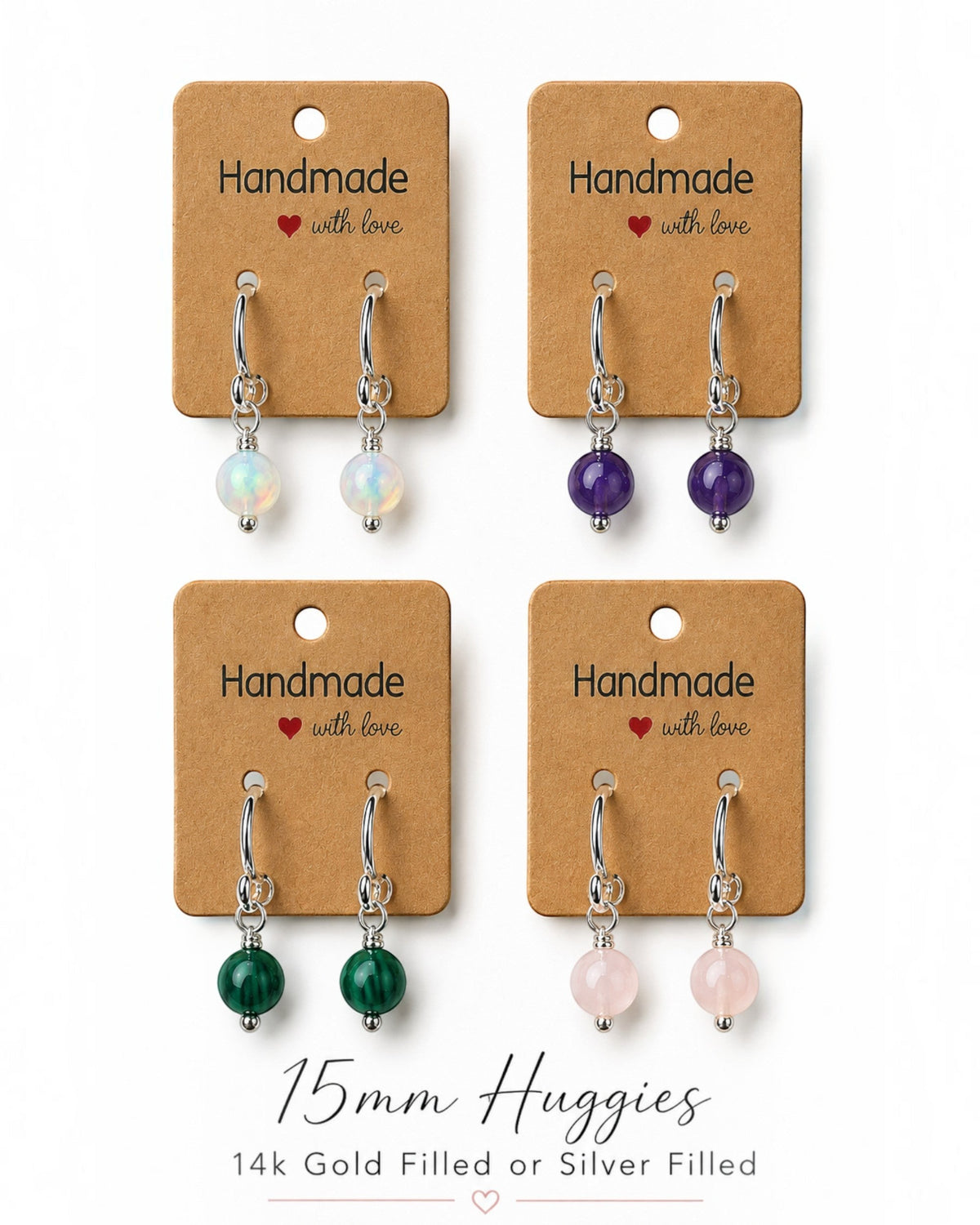 Amelia Jane Handmade Creations 15mm silver-filled huggie hoop earrings with assorted genuine gemstone beads