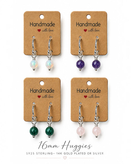 Amelia Jane Handmade Creations 16mm S925 sterling silver huggie hoop earrings with various genuine gemstone dangles.