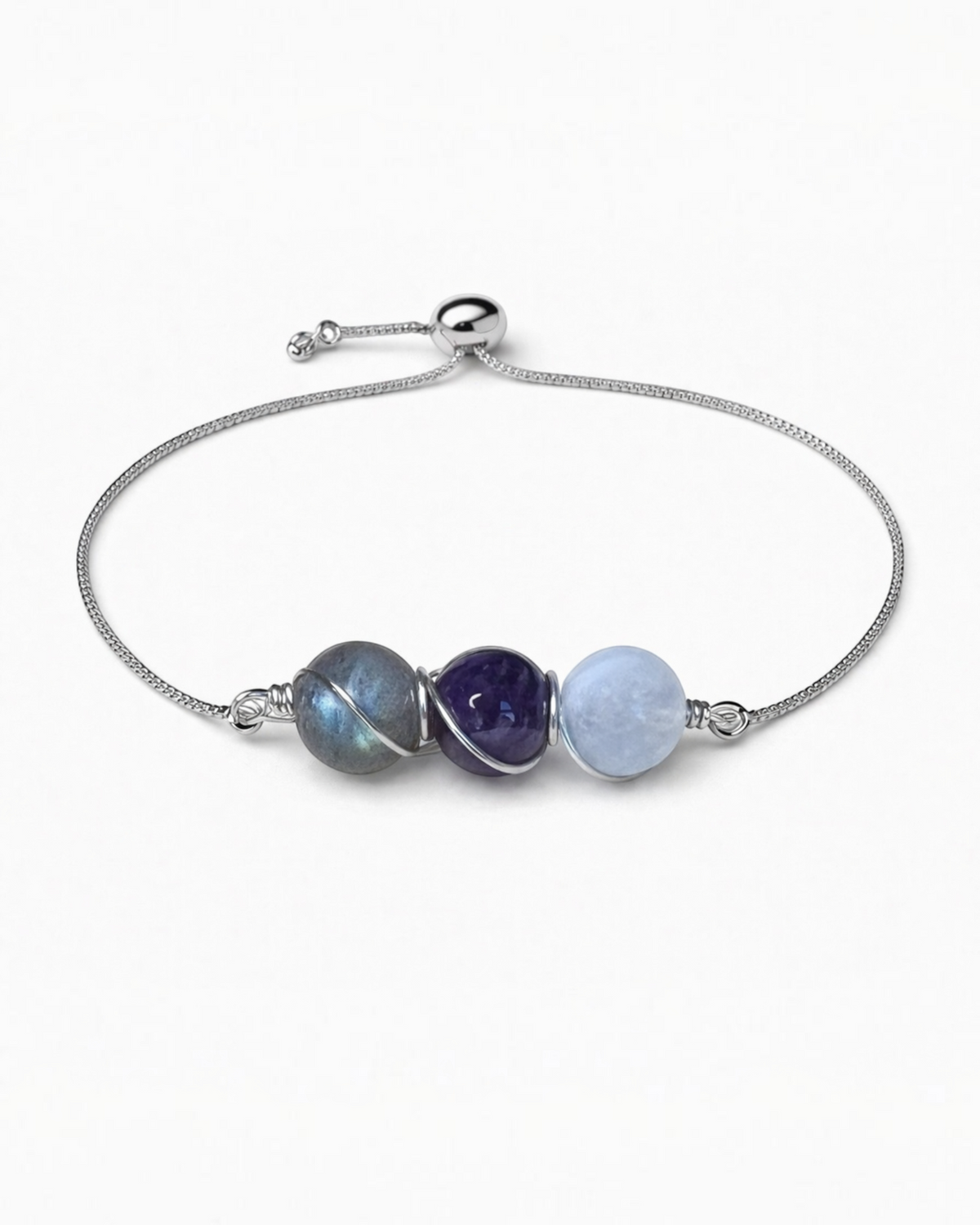 Amelia Jane Handmade Creations lariat bracelet with wire-wrapped labradorite, amethyst, and moonstone beads.