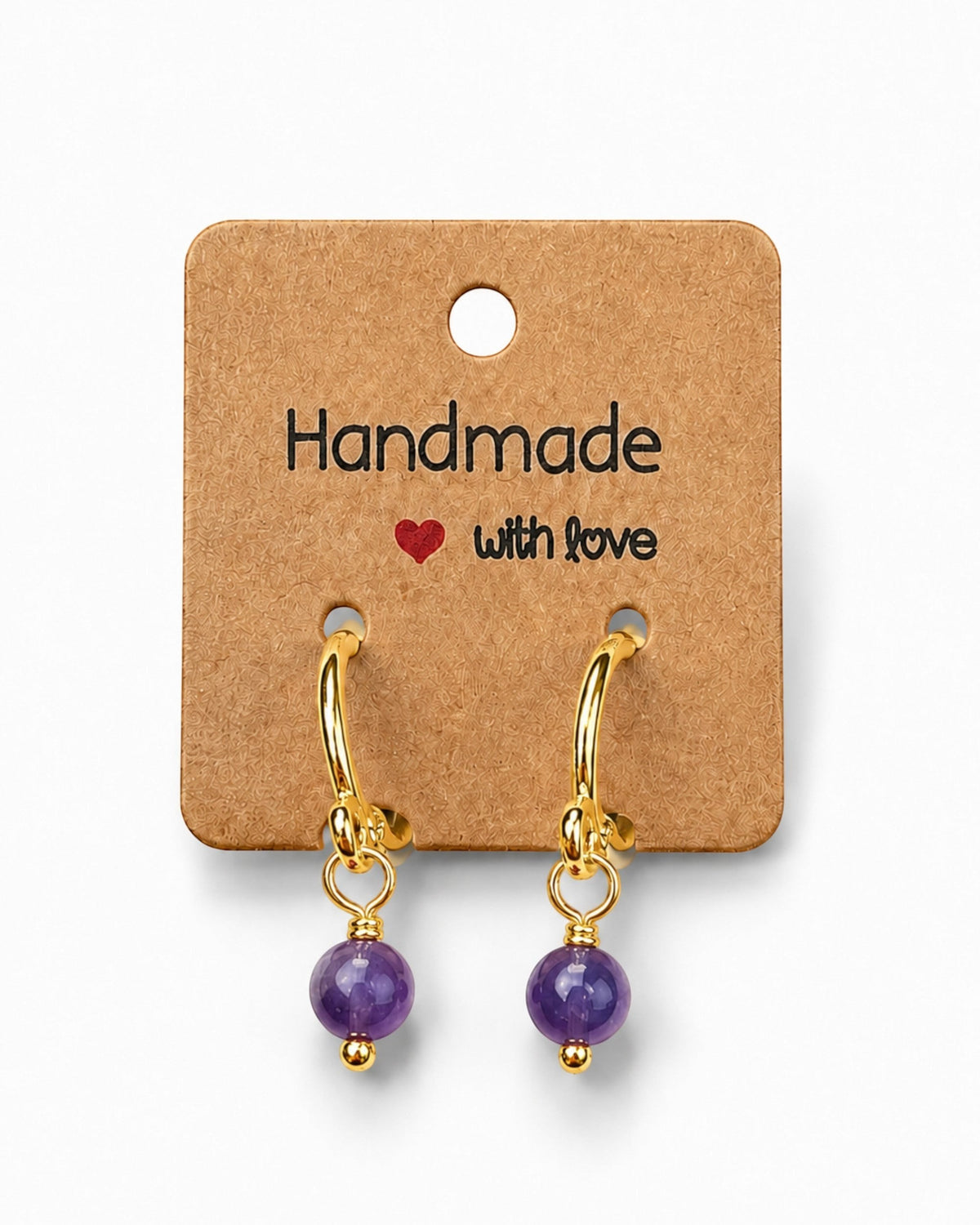 Amelia Jane Handmade Creations 15mm gold-filled huggie hoop earrings featuring dangling purple amethyst gemstones.