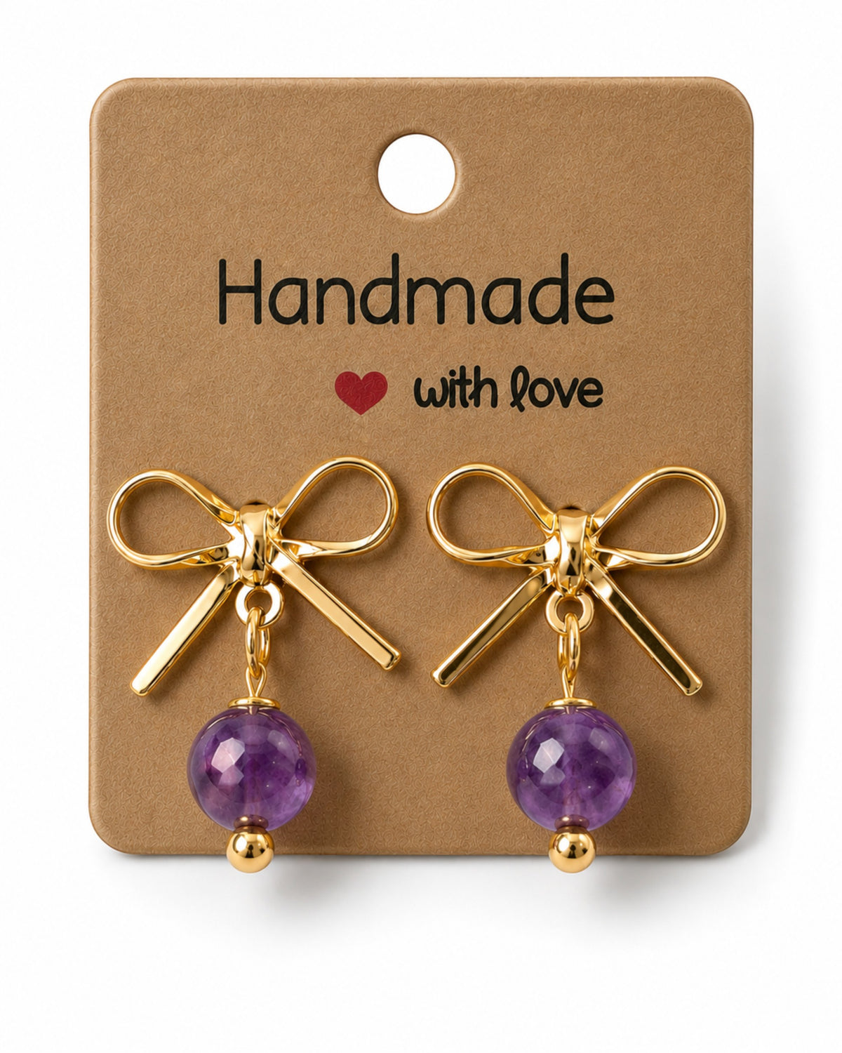 Amelia Jane Handmade Creations gold plated bow stud earrings with dangling purple amethyst beads on display card