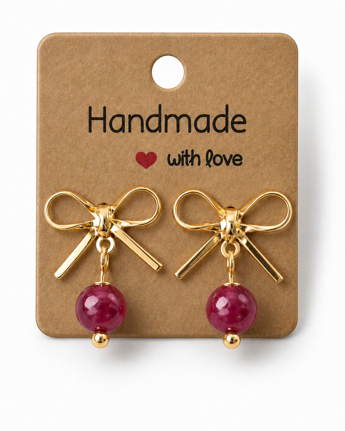 Amelia Jane Handmade Creations gold plated bow stud earrings with dangling deep pink faceted gemstone beads
