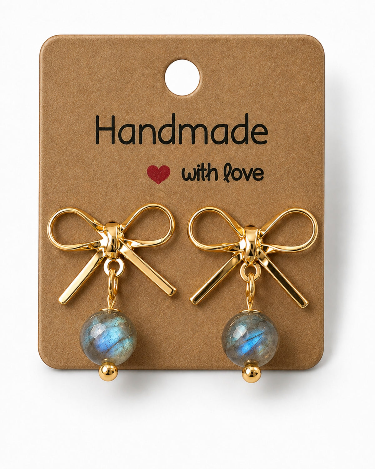 Amelia Jane Handmade Creations gold plated bow stud earrings with dangling iridescent labradorite gemstone beads.