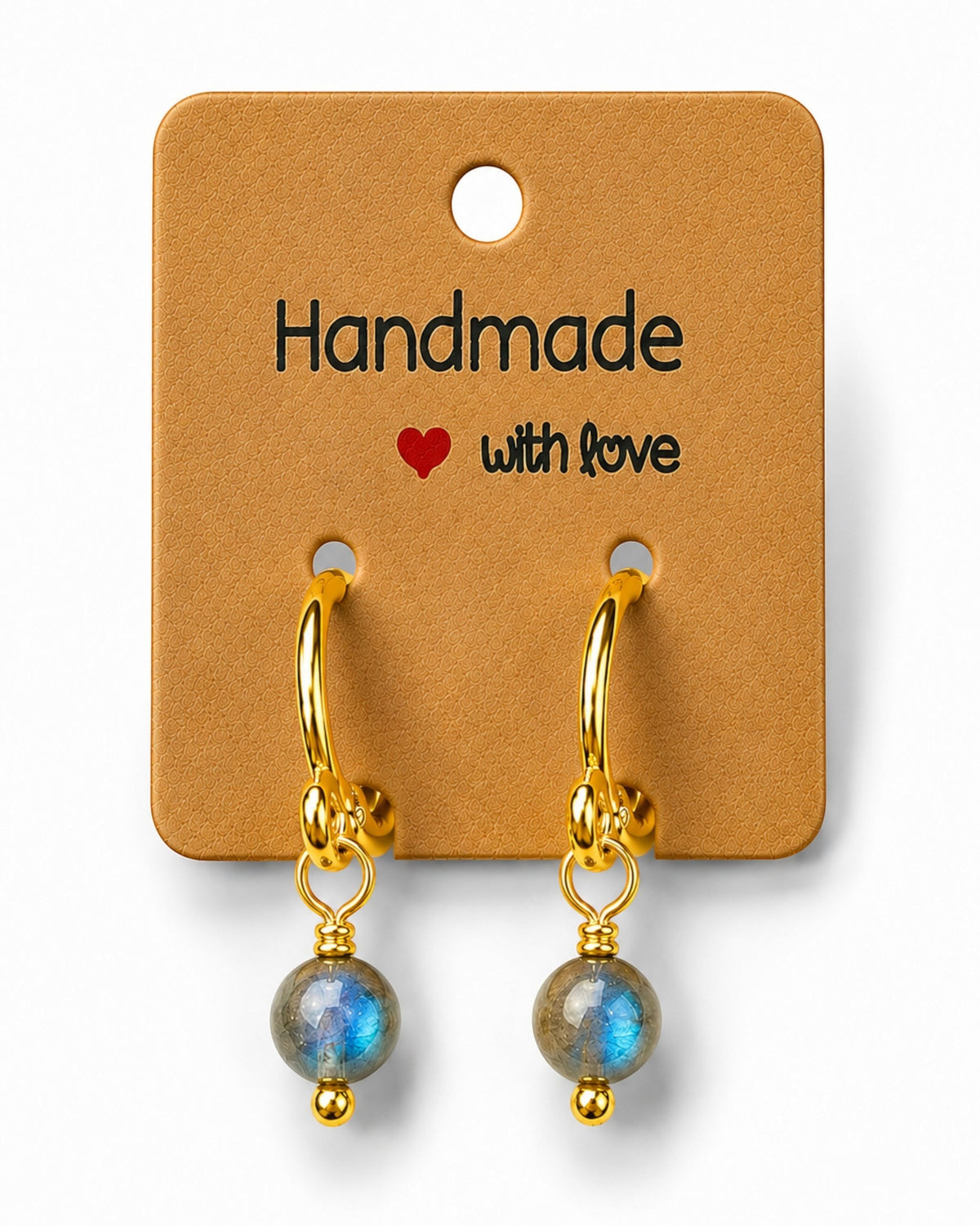 Amelia Jane Handmade Creations 15mm gold-filled huggie hoop earrings with wire-wrapped iridescent gemstone charms.