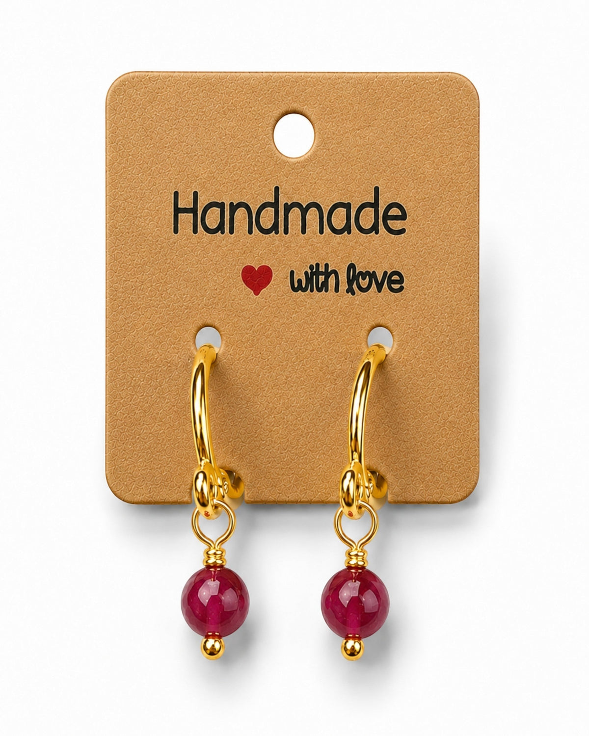 Amelia Jane Handmade Creations gold-plated 16mm S925 huggie hoop earrings with dangling red gemstone beads.