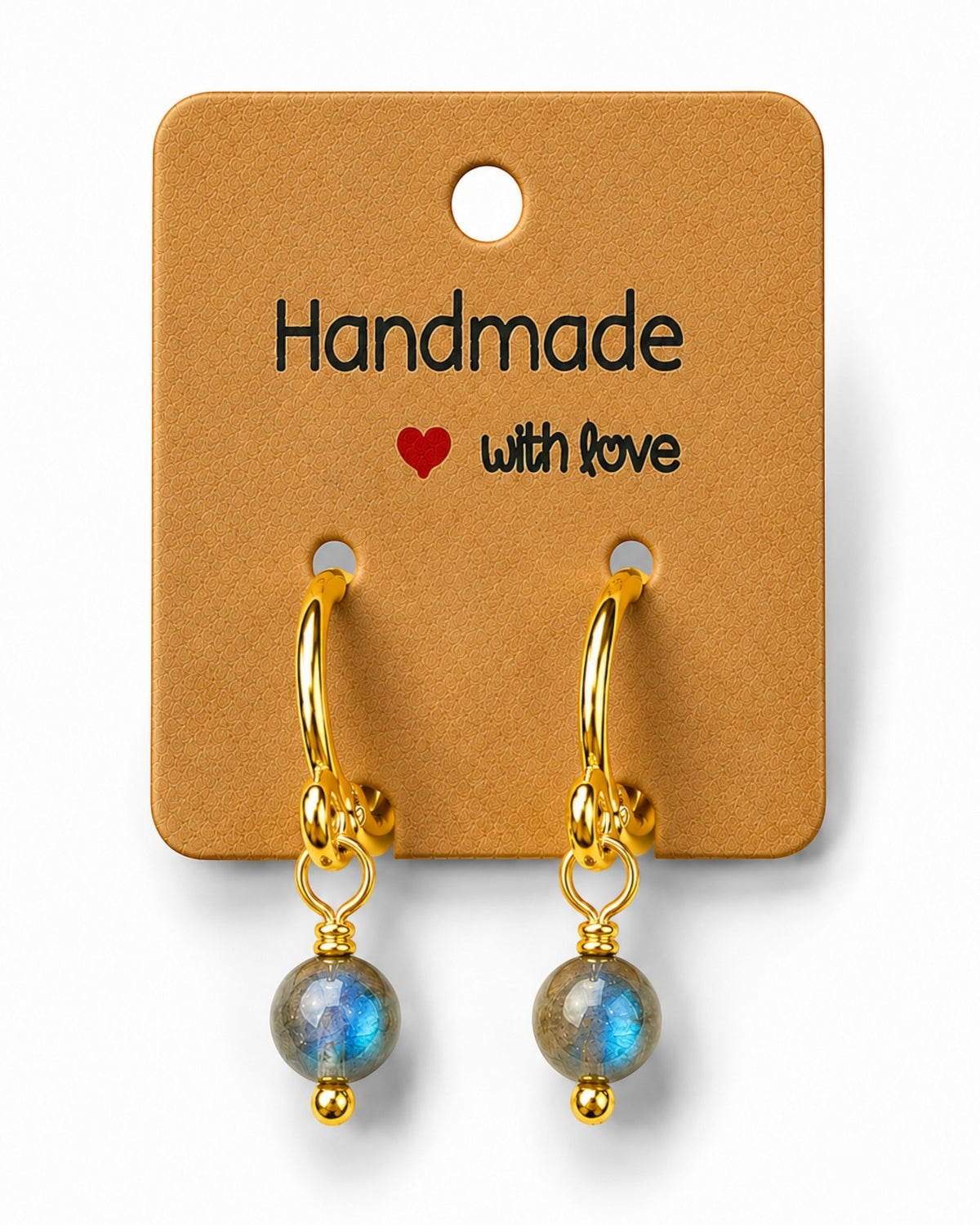 Amelia Jane Handmade Creations 16mm gold-plated huggie hoop earrings with wire-wrapped iridescent gemstone beads.