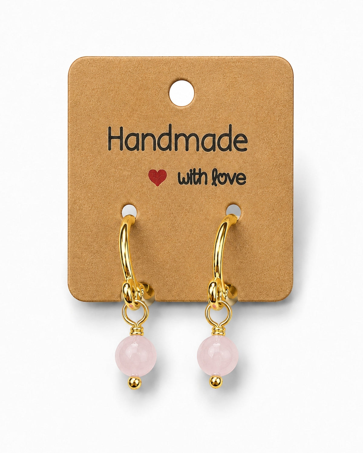 Amelia Jane Handmade Creations 15mm gold-filled huggie hoop earrings featuring dangling pale pink gemstone beads.