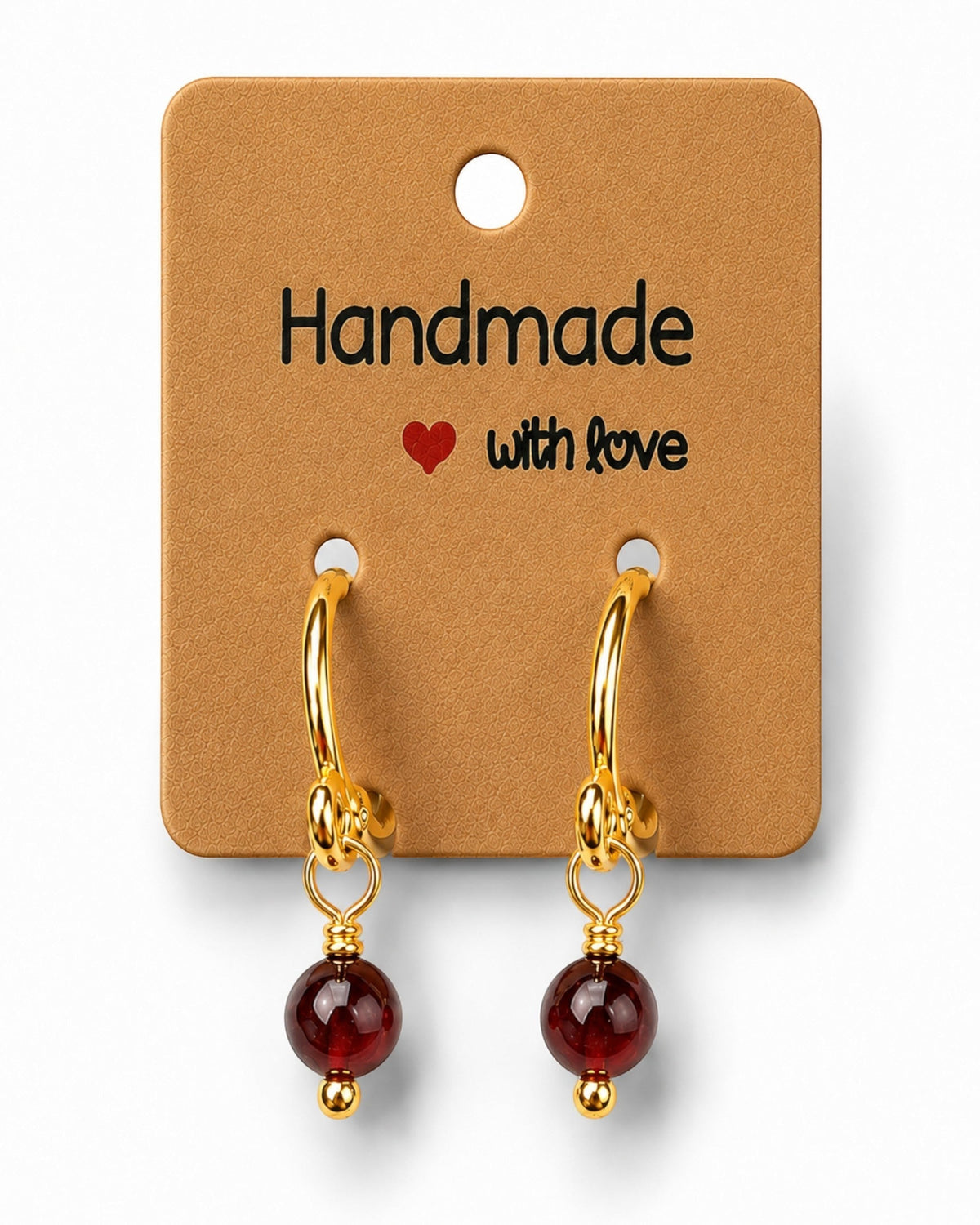 Amelia Jane Handmade Creations 16mm gold-plated S925 sterling silver huggie hoop earrings with dangling red gemstones.