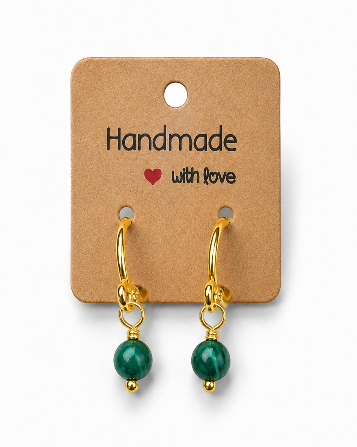 Amelia Jane Handmade Creations 15mm gold-filled huggie hoop earrings featuring dangling green malachite gemstones.