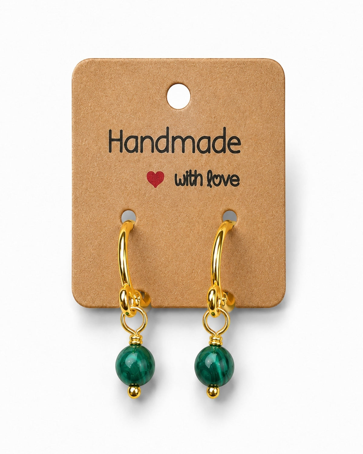 Amelia Jane Handmade Creations gold-plated 16mm S925 sterling silver huggie hoop earrings with green malachite beads.