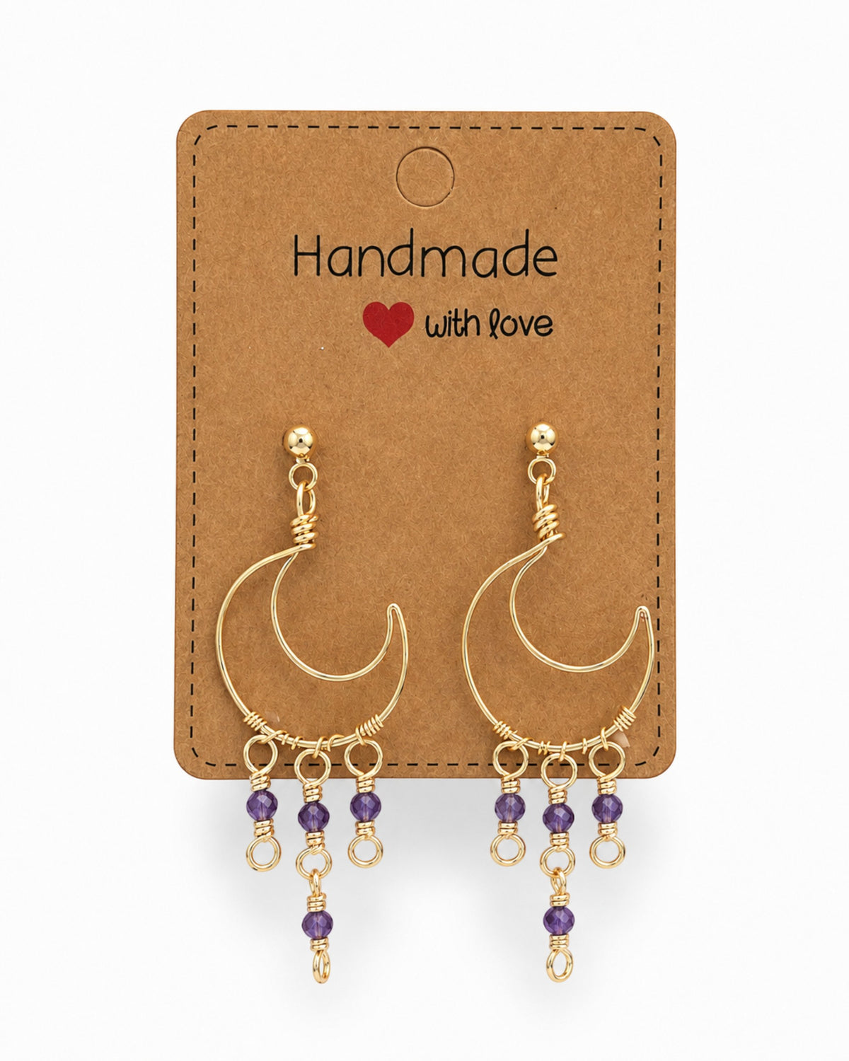 Amelia Jane Handmade Creations wire wrapped gold crescent moon earrings with purple crystal dangles and s925 posts