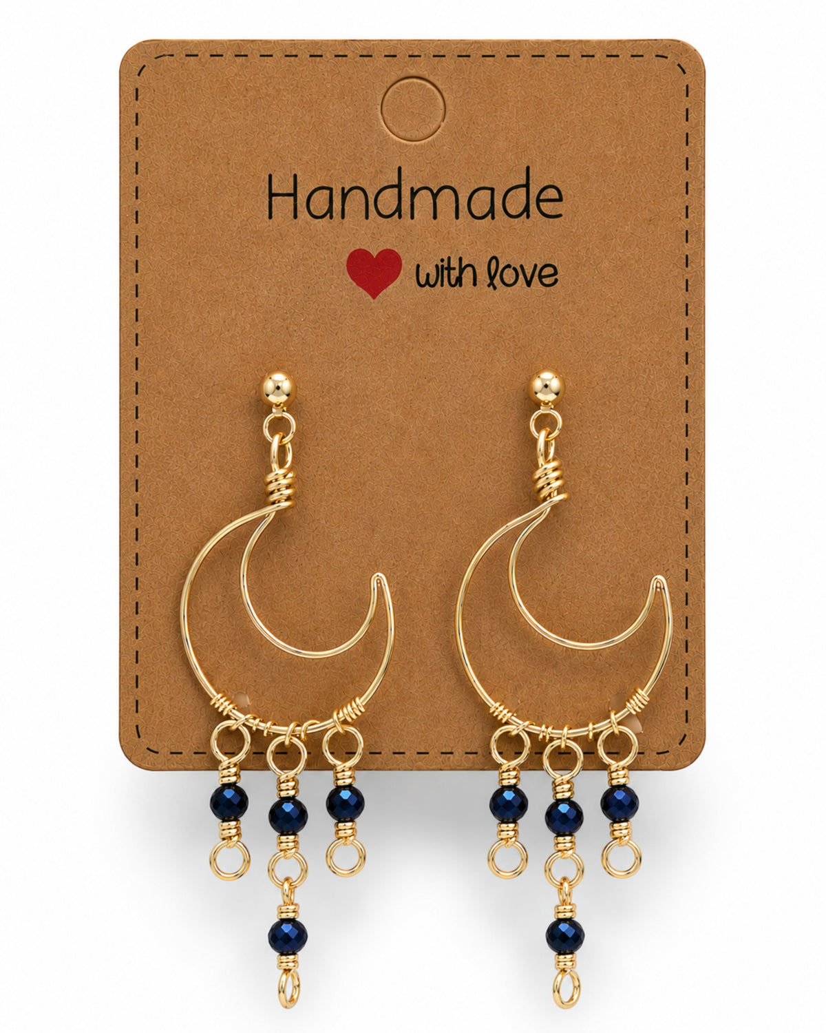 Amelia Jane Handmade Creations gold wire wrapped moon earrings with dark blue crystal beads and s925 posts