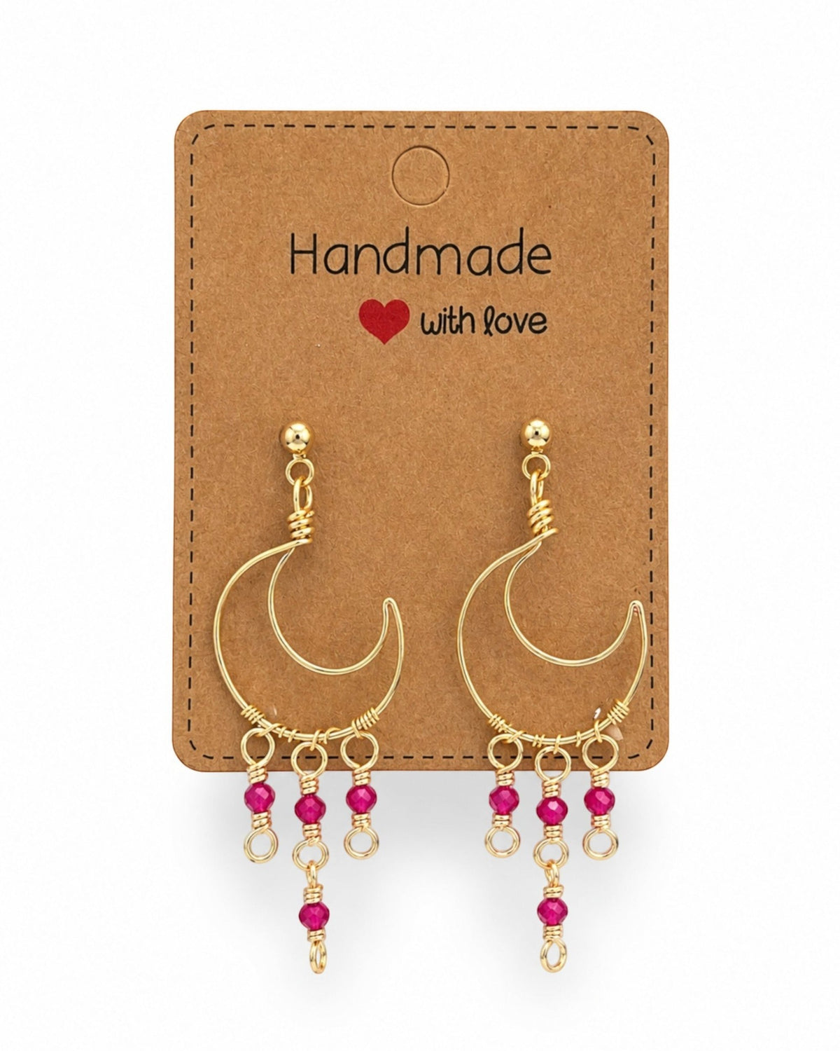 Amelia Jane Handmade Creations wire wrapped gold moon earrings with pink beaded dangles and s925 posts on display card