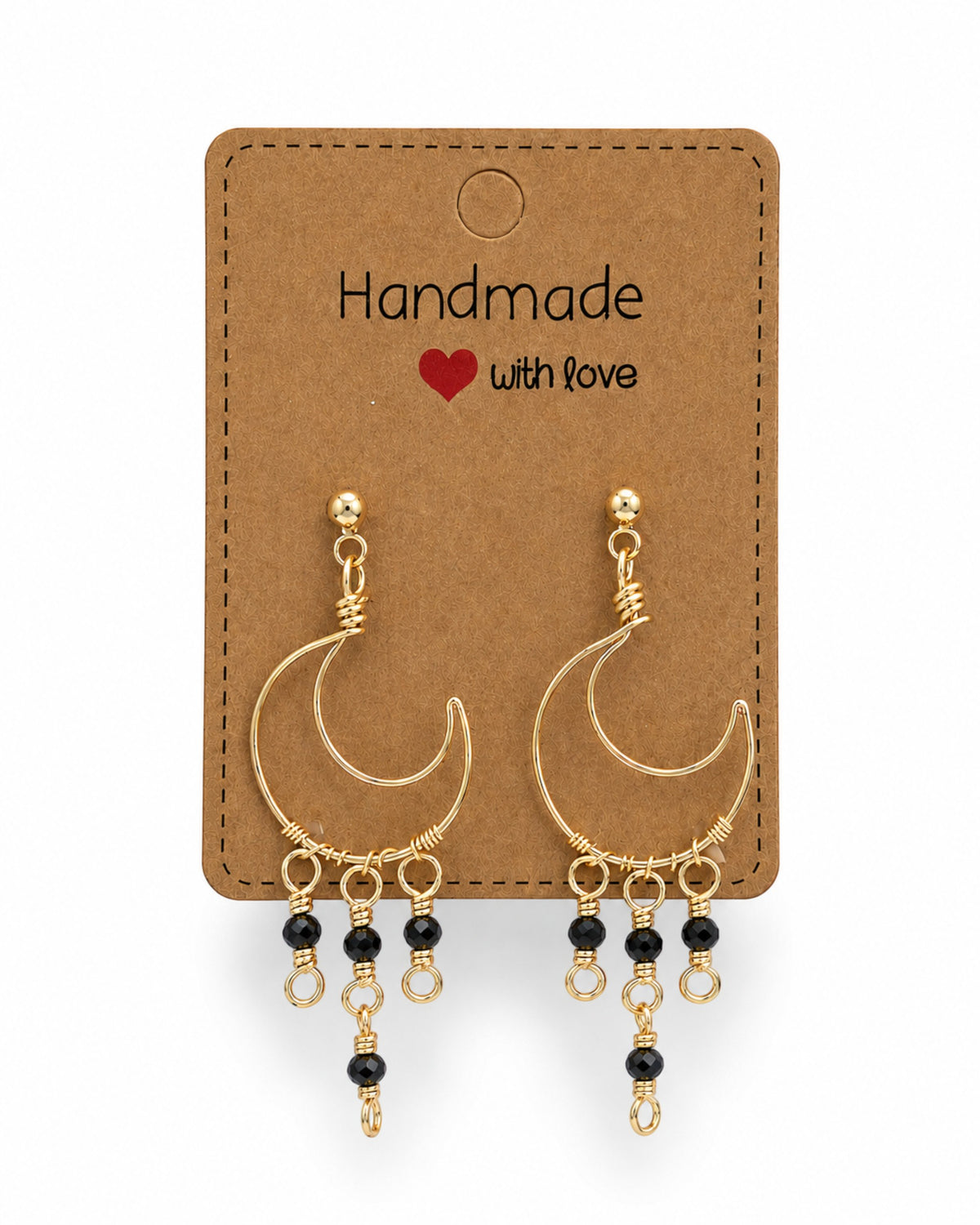 Amelia Jane Handmade Creations wire wrapped gold moon earrings with black beaded dangles and s925 posts on display card