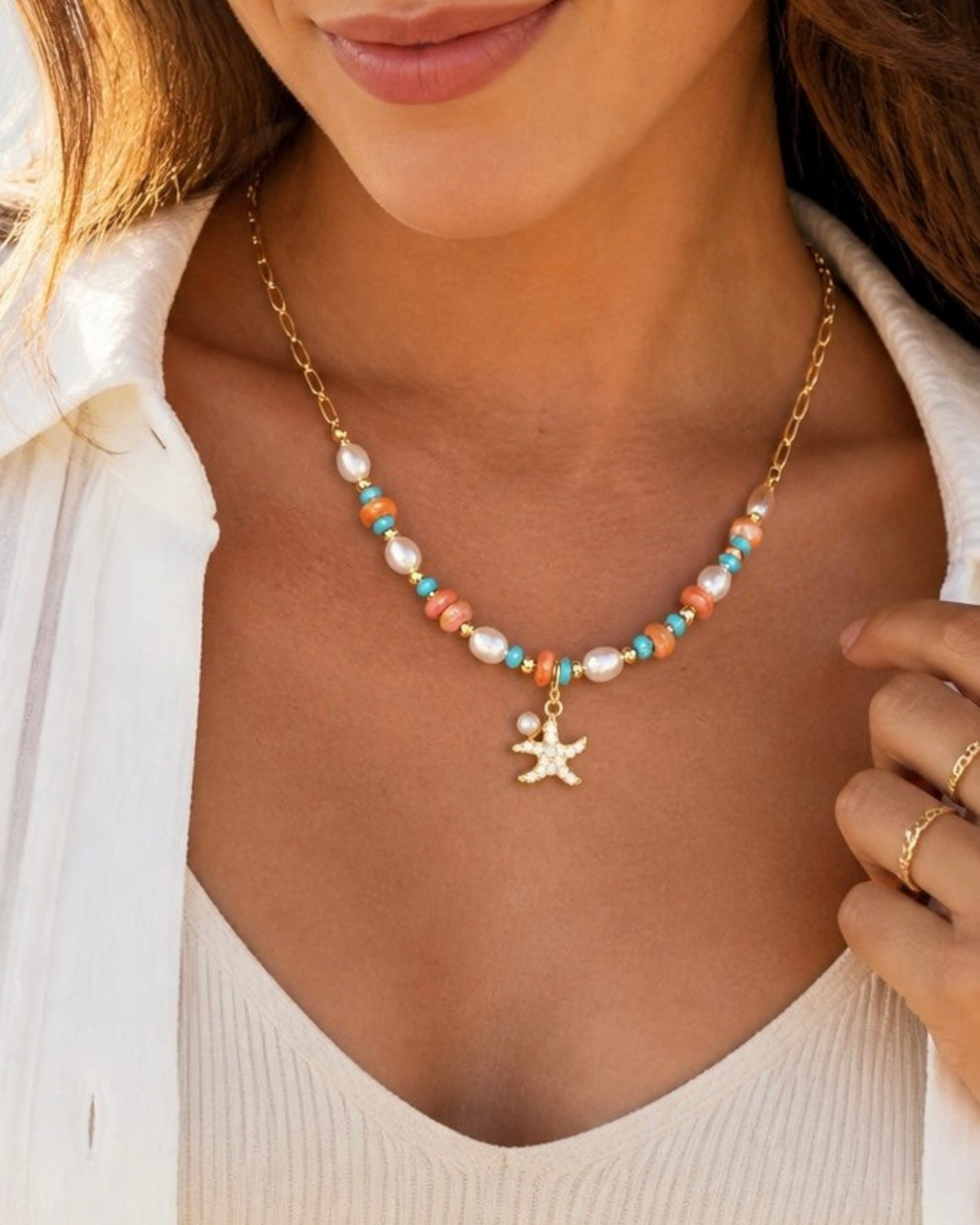 Amelia Jane Handmade Creations Salt and Sun gold filled necklace with spiny oyster, pearl, turquoise, and starfish