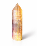 Amelia Jane Handmade Creations 3.75-inch golden rainbow fluorite crystal tower with lavender and iridescent flashes.