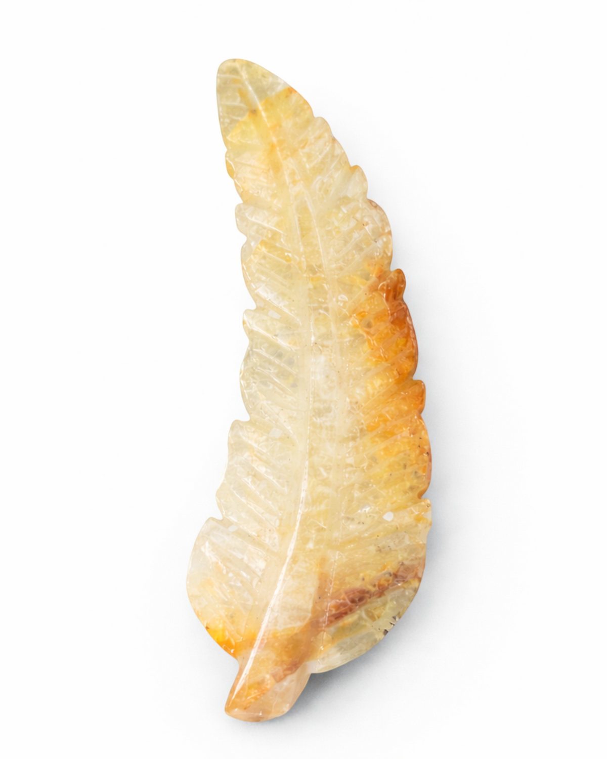 Amelia Jane Handmade Creations 5.5 inch polished Golden Healer quartz feather carving with honey and gold tones.