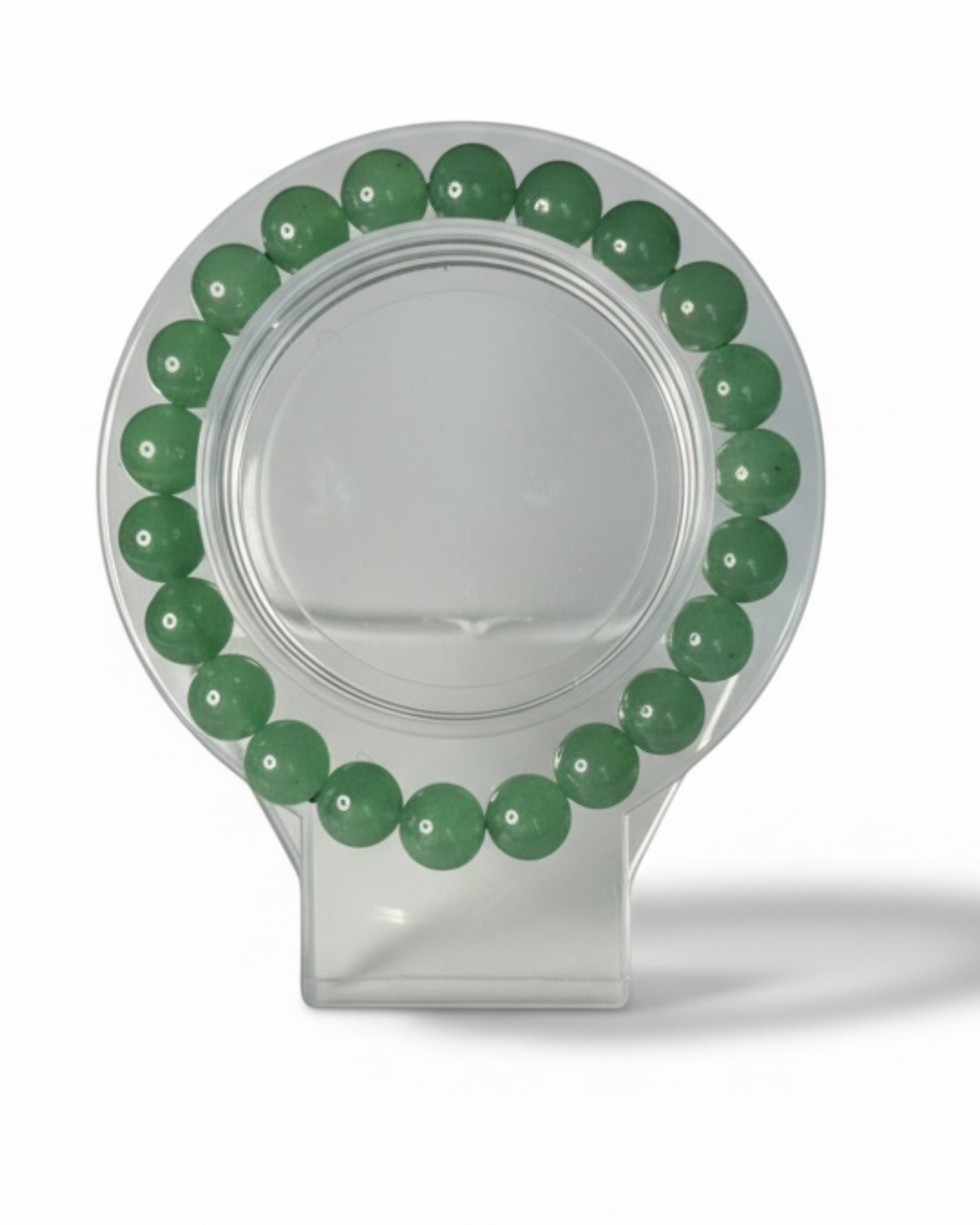 Amelia Jane Handmade Creations 7-inch green aventurine beaded bracelet on a clear display stand