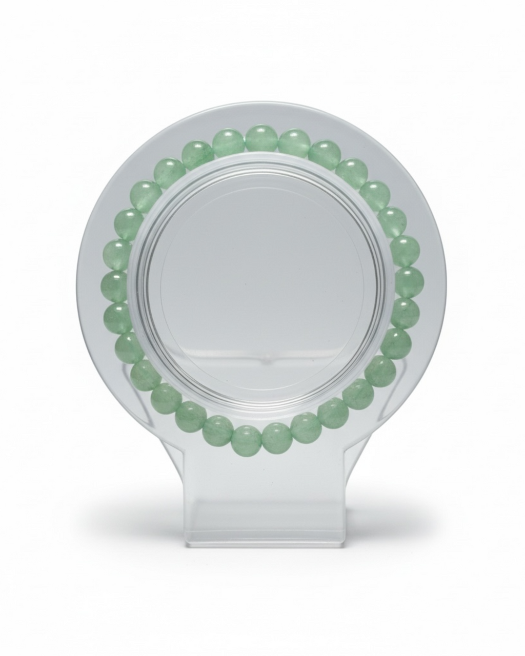 Amelia Jane Handmade Creations 7-inch green aventurine beaded gemstone bracelet on a clear display stand