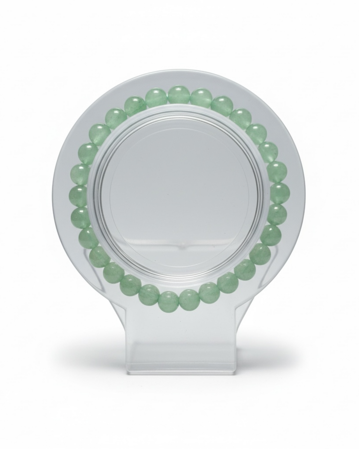 Amelia Jane Handmade Creations 7-inch green aventurine beaded gemstone bracelet on a clear display stand