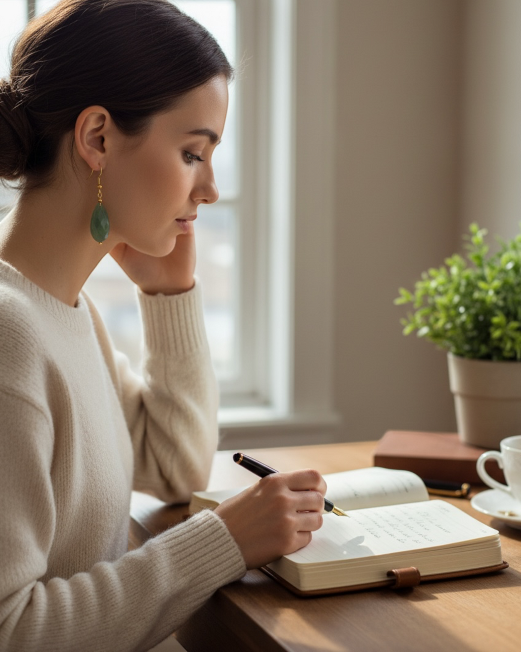 Amelia Jane Handmade Creations green aventurine drop earrings with S925 posts worn by a woman writing in a journal.